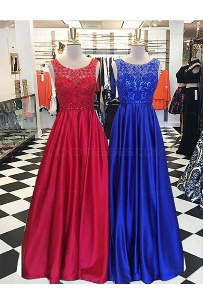 A-Line Lace and Satin Long Prom Dresses Party Evening Gowns 3020318