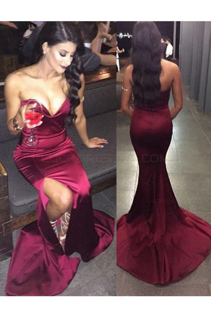 Sexy Mermaid Sweetheart Side Slit Burgundy Long Prom Dresses Party Evening Gowns 3020320