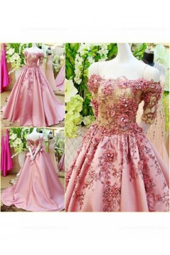 A-Line Off-the-Shoulder Short Sleeve Long Pink Prom Dresses Party Evening Gowns 3020331