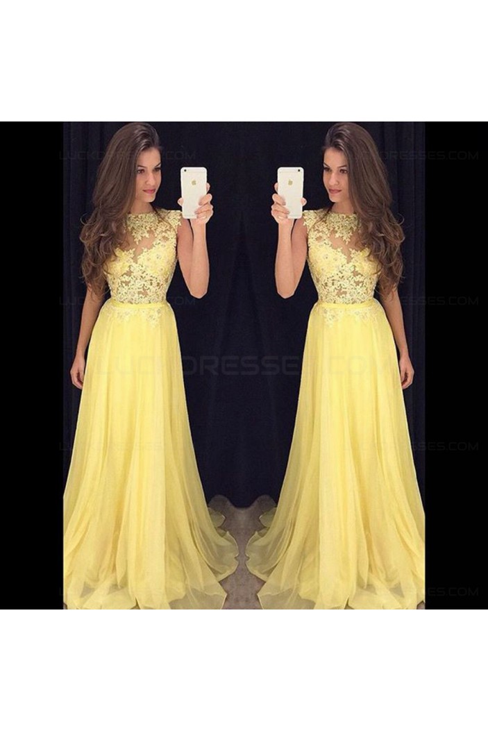 Long Yellow Illusion Bodice Lace and Chiffon Prom Dresses Party Evening Gowns 3020335