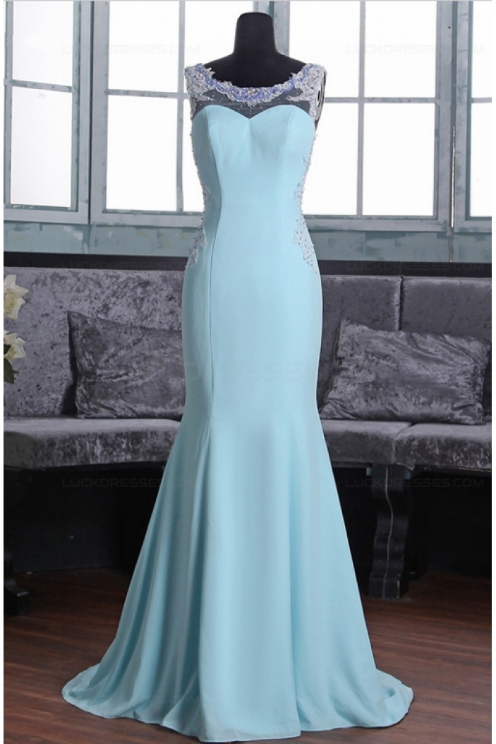 Mermaid Long Blue Beaded Lace Prom Dresses Party Evening Gowns 3020369