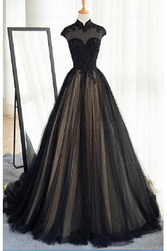 Long Black Lace Tulle Prom Dresses Party Evening Gowns 3020371