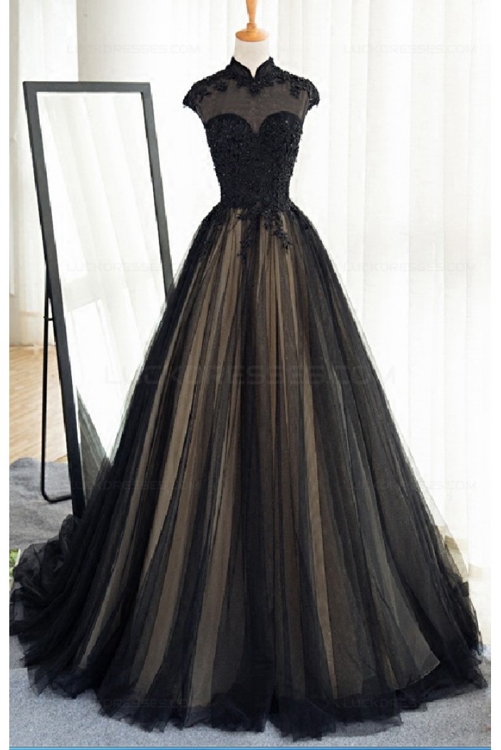 Long Black Lace Tulle Prom Dresses Party Evening Gowns 3020371