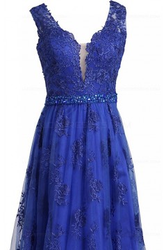 A-Line Long Blue Beaded Lace Prom Dresses Party Evening Gowns 3020372