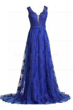 A-Line Long Blue Beaded Lace Prom Dresses Party Evening Gowns 3020372