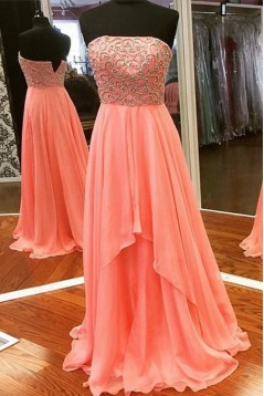 A-Line Strapless Beaded Chiffon Long Prom Dresses Party Evening Gowns 3020374