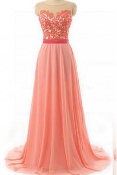 A-Line Illusion Neckline Lace Chiffon Prom Dresses Party Evening Gowns 3020378