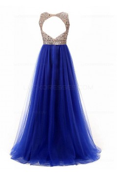 A-Line Long Blue Beaded Sequins Tulle Prom Dresses Party Evening Gowns 3020381