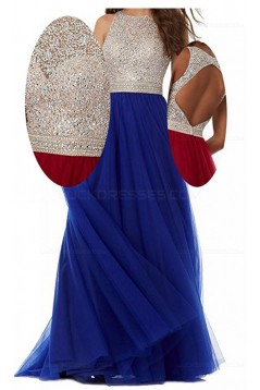 A-Line Long Blue Beaded Sequins Tulle Prom Dresses Party Evening Gowns 3020381