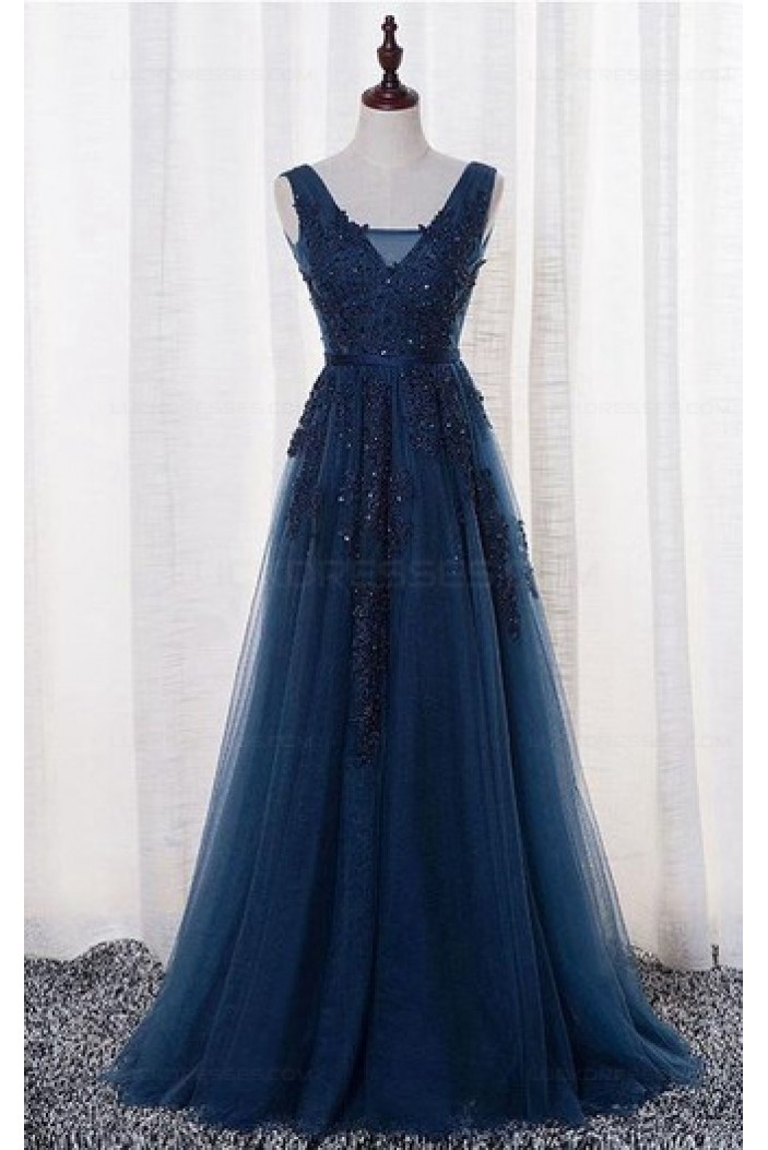 A-Line Lace Appliques Long Blue Prom Dresses Party Evening Gowns 3020383