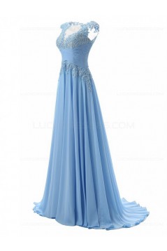Long Blue Chiffon Illusion Bodice Lace Prom Dresses Party Evening Gowns 3020393
