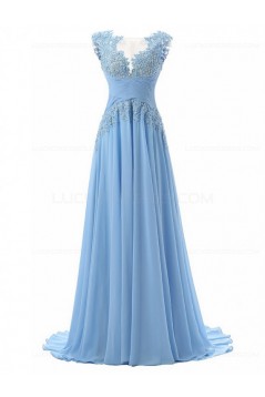 Long Blue Chiffon Illusion Bodice Lace Prom Dresses Party Evening Gowns 3020393