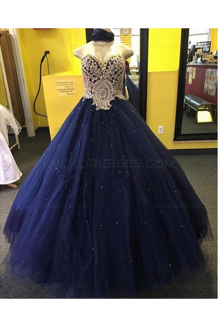 Ball Gown Sweetheart Blue Gold Lace Tulle Prom Dresses Party Evening Gowns 3020400