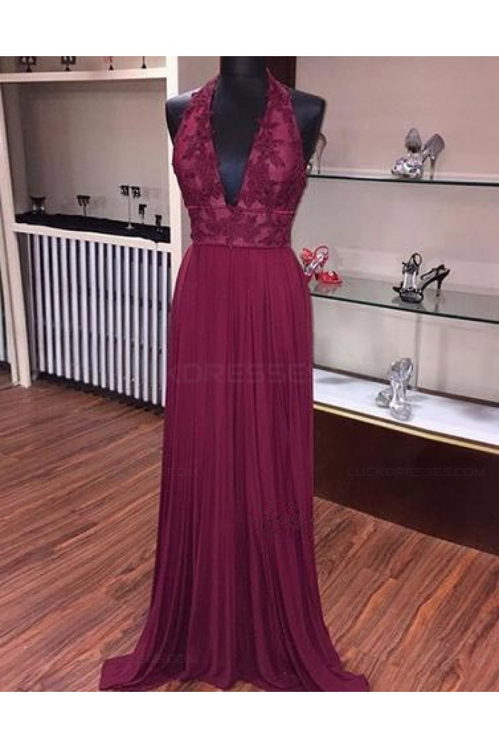 Burgundy Halter V-Neck Lace Prom Dresses Party Evening Gowns 3020415