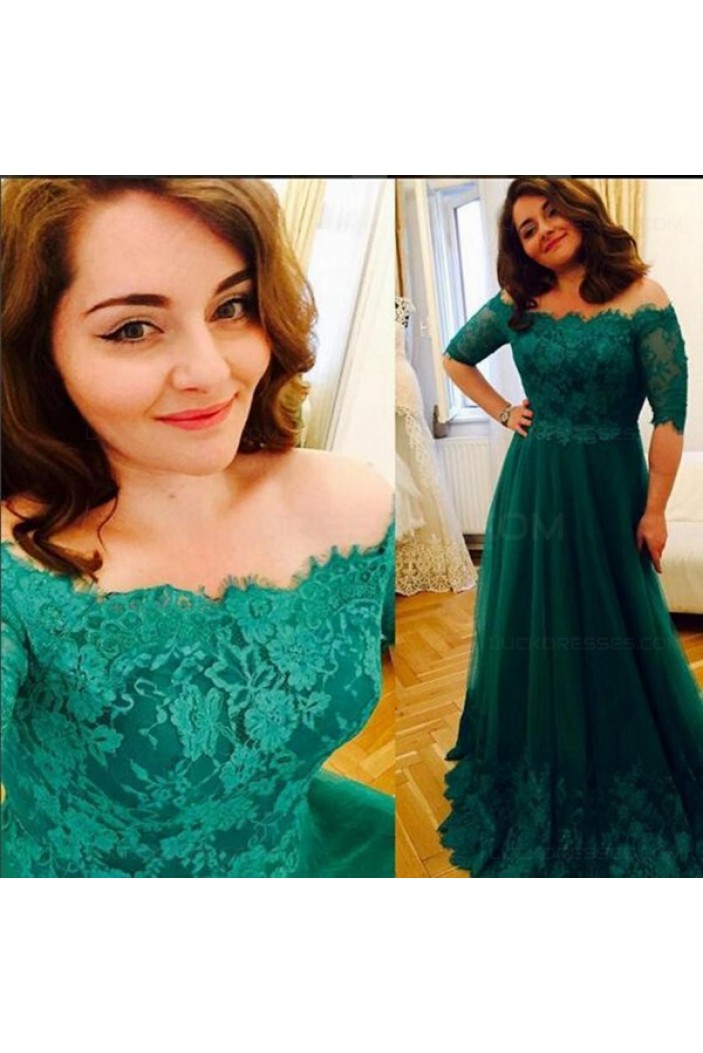 Long Green Lace Off-the-Shoulder Prom Dresses Party Evening Gowns 3020438