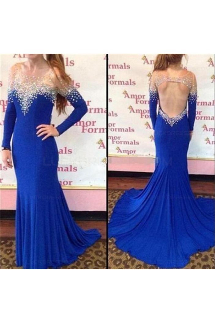 Long Blue Mermaid Beaded Illusion Neckline Prom Dresses Party Evening Gowns 3020439