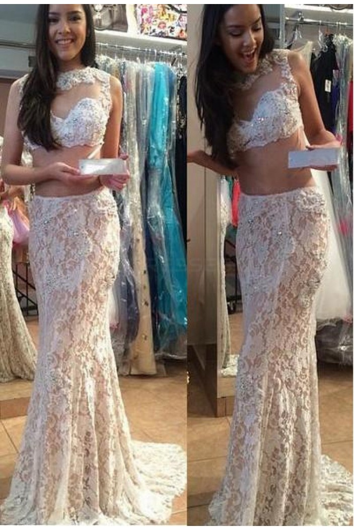 Two Pieces Lace Illusion Neckline Prom Dresses Party Evening Gowns 3020455