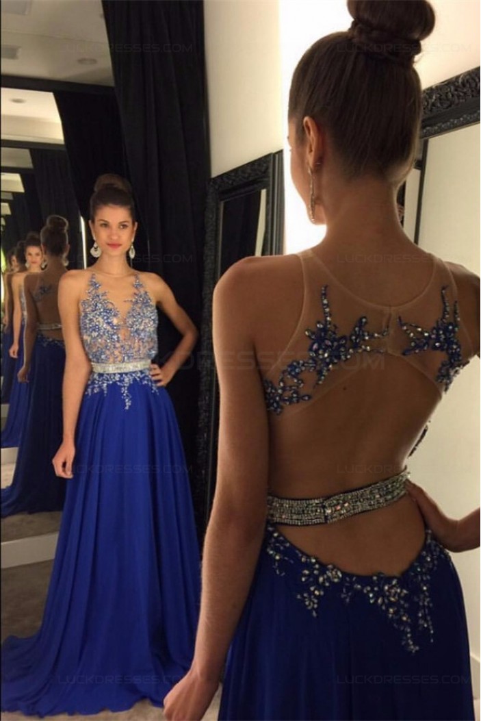 Long Blue Beaded Lace Appliques Illusion Bodice Prom Dresses Party Evening Gowns 3020459