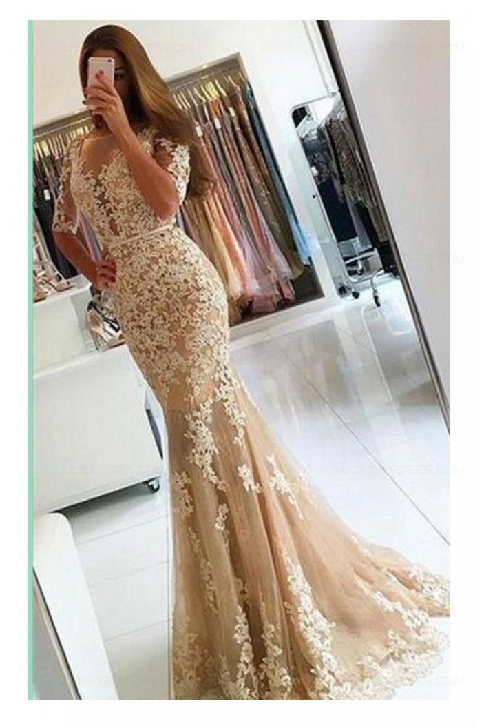 Mermaid Short Sleeves Lace Appliques Long Prom Dresses Party Evening Gowns 3020462