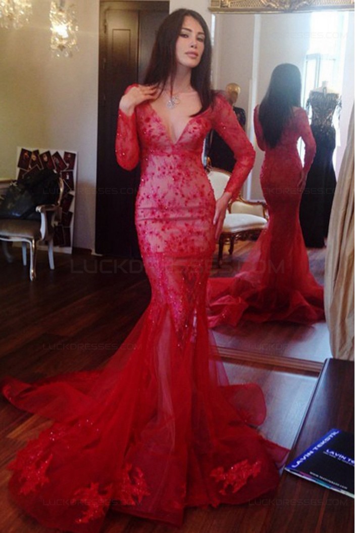 Long Sleeves Mermaid V-Neck Lace Red Prom Dresses Party Evening Gowns 3020468
