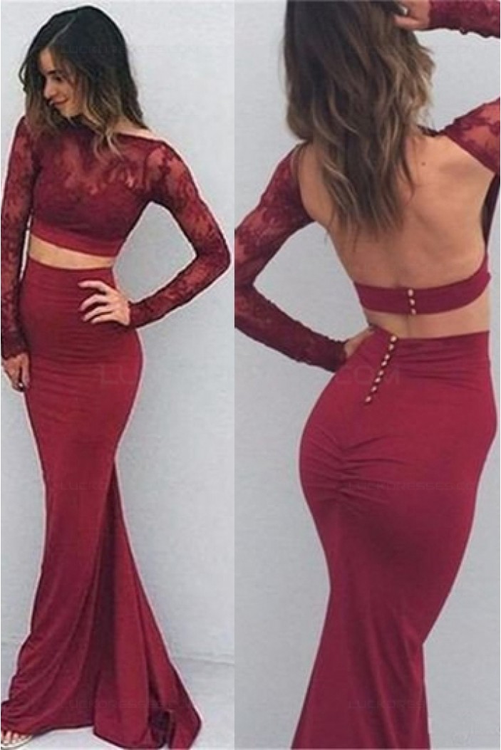 Long Sleeves Lace Mermaid Two Pieces Open Back Prom Dresses Party Evening Gowns 3020469