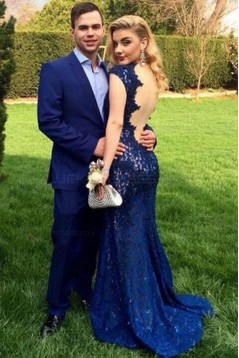 Long Blue Mermaid Lace Open Back Prom Dresses Party Evening Gowns 3020473