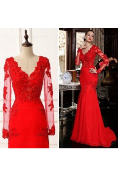 Long Sleeves Mermaid Red Lace Prom Dresses Party Evening Gowns 3020474