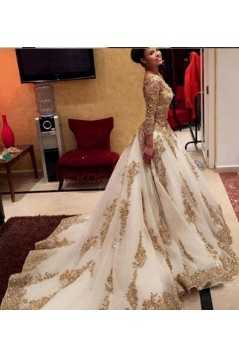 Gold Lace Appliques Long Sleeves Prom Dresses Party Evening Gowns 3020478