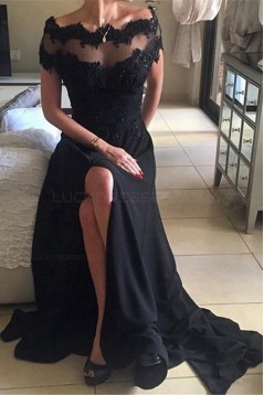 Long Black Illusion Neckline Lace Chiffon Prom Dresses Party Evening Gowns 3020481