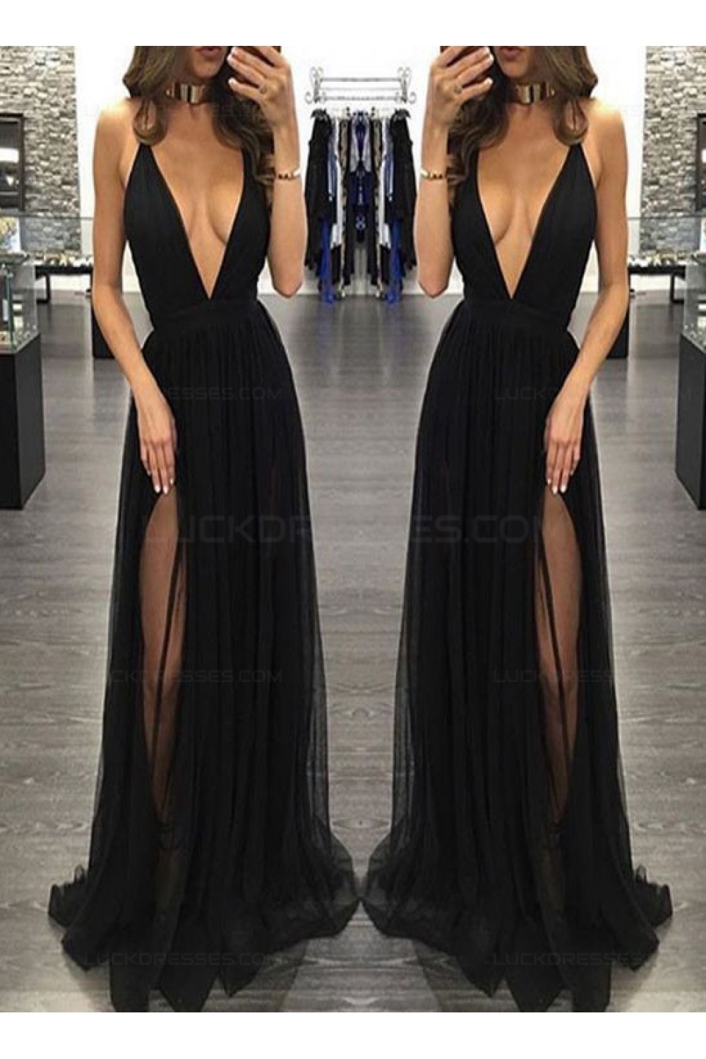 Sexy Low V-Neck Long Black Prom Dresses 
