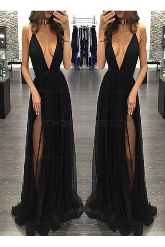 Sexy Low V-Neck Long Black Prom Dresses Party Evening Gowns 3020492