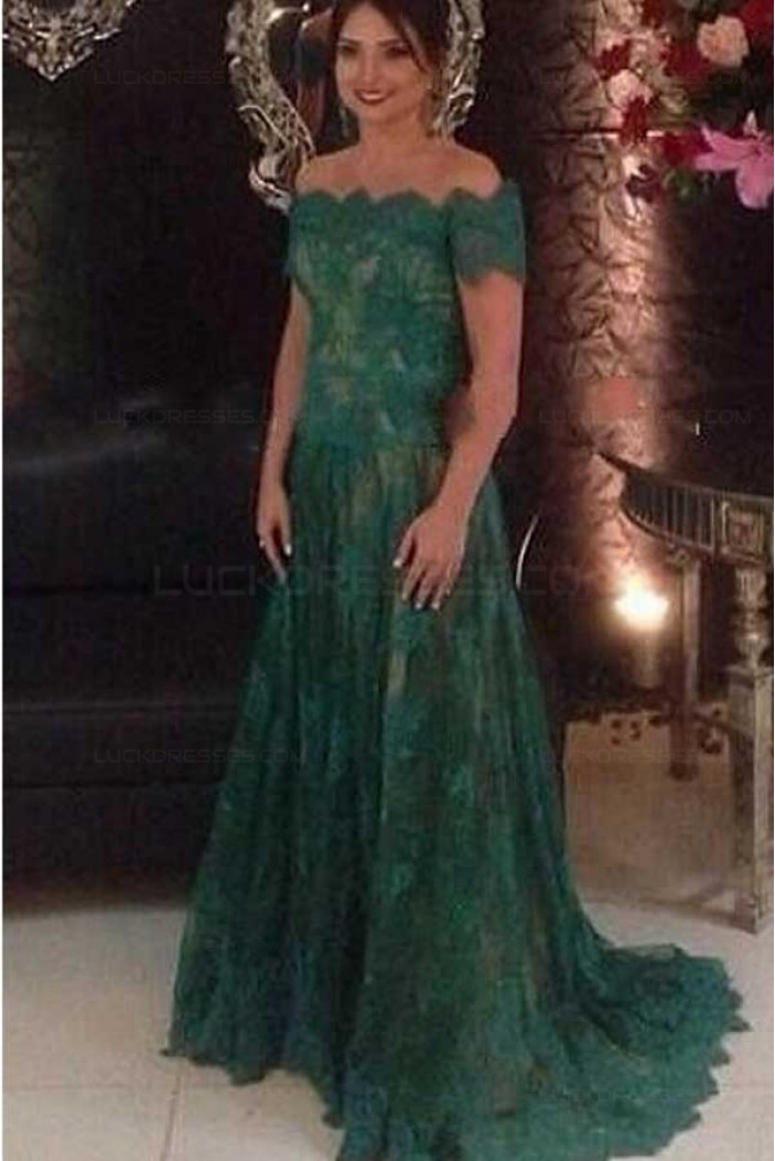 Long Green Lace Off-the-Shoulder Prom Dresses Party Evening Gowns 3020498