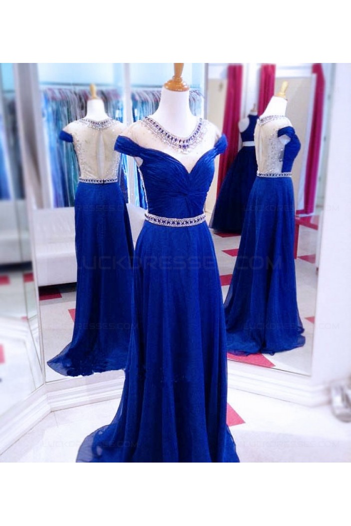 Long Blue Beaded Illusion Neckline Prom Dresses Party Evening Gowns 3020511