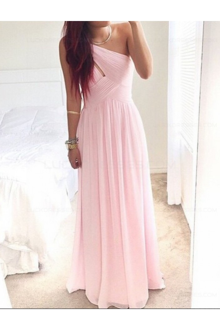 Long Pink One-Shoulder Chiffon Prom Dresses Party Evening Gowns 3020512