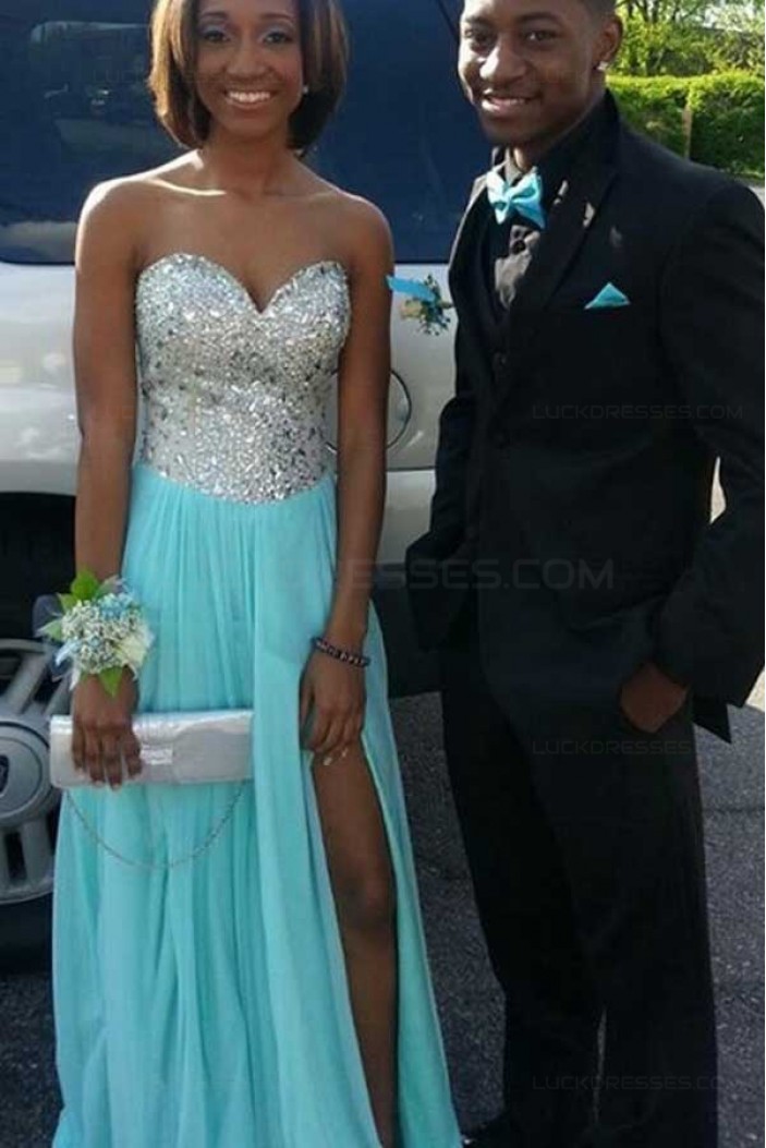 Long Blue Beaded Sequins Chiffon Prom Dresses Party Evening Gowns 3020521