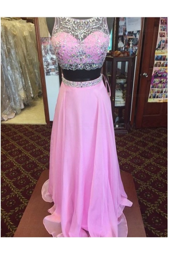 Long Pink Beaded Chiffon Prom Dresses Party Evening Gowns 3020522