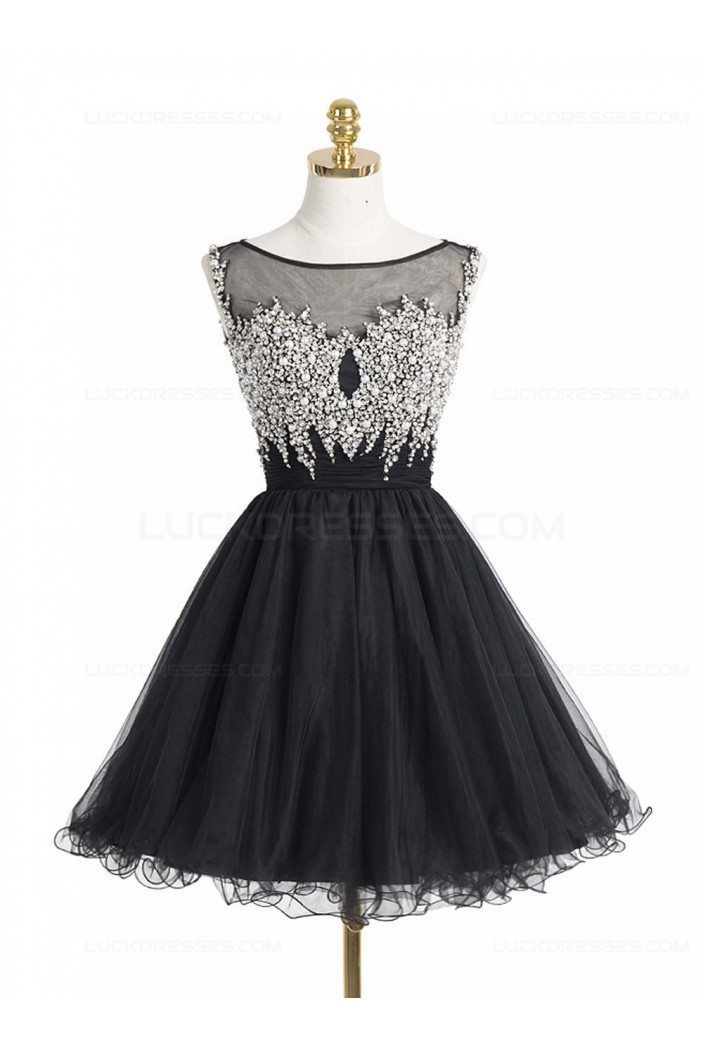 Short/Mini Illusion Neckline Beaded Black Homecoming Cocktail Prom Dresses 3020523