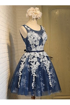 Short Blue Tulle White Lace Appliques Homecoming Cocktail Prom Dresses 3020527