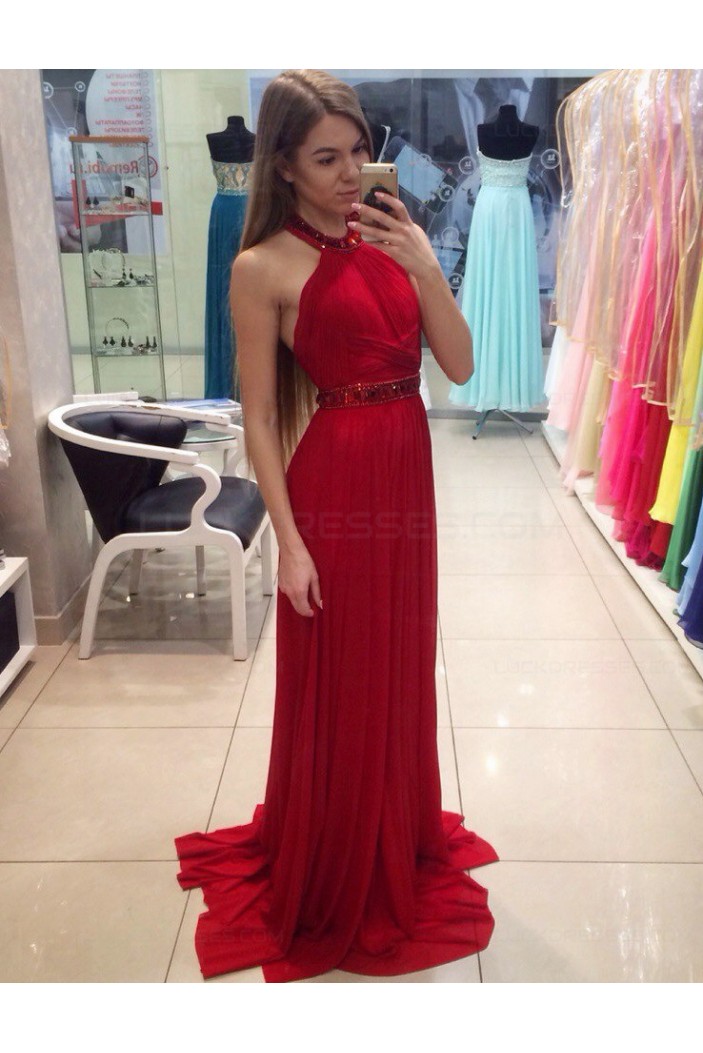 Long Red Halter Pleated Chiffon Prom Party Dresses 3020558