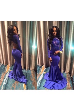 Long Blue Mermaid Lace Long Sleeves Prom Evening Dresses 3020570