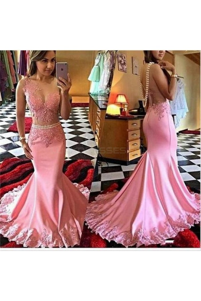 Sexy Mermaid Long Pink Lace Prom Evening Dresses 3020578