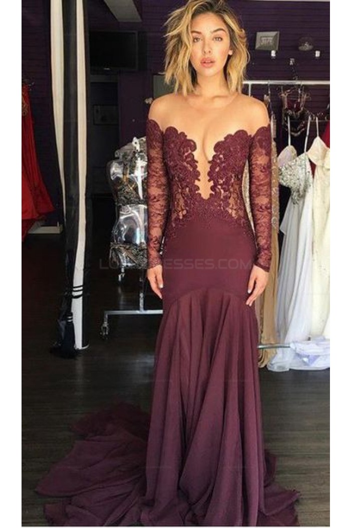 Sexy Lace Long Sleeves Illusion Neckline Long Prom Evening Dresses 3020582