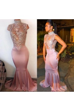 Mermaid High Neck Long Prom Evening Dresses with Lace Appliques 3020589