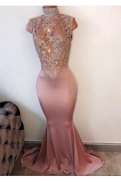 Mermaid High Neck Long Prom Evening Dresses with Lace Appliques 3020589