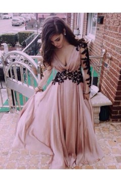 Sexy Long Sleeves V-Neck Prom Evening Dresses with Black Lace Appliques 3020595