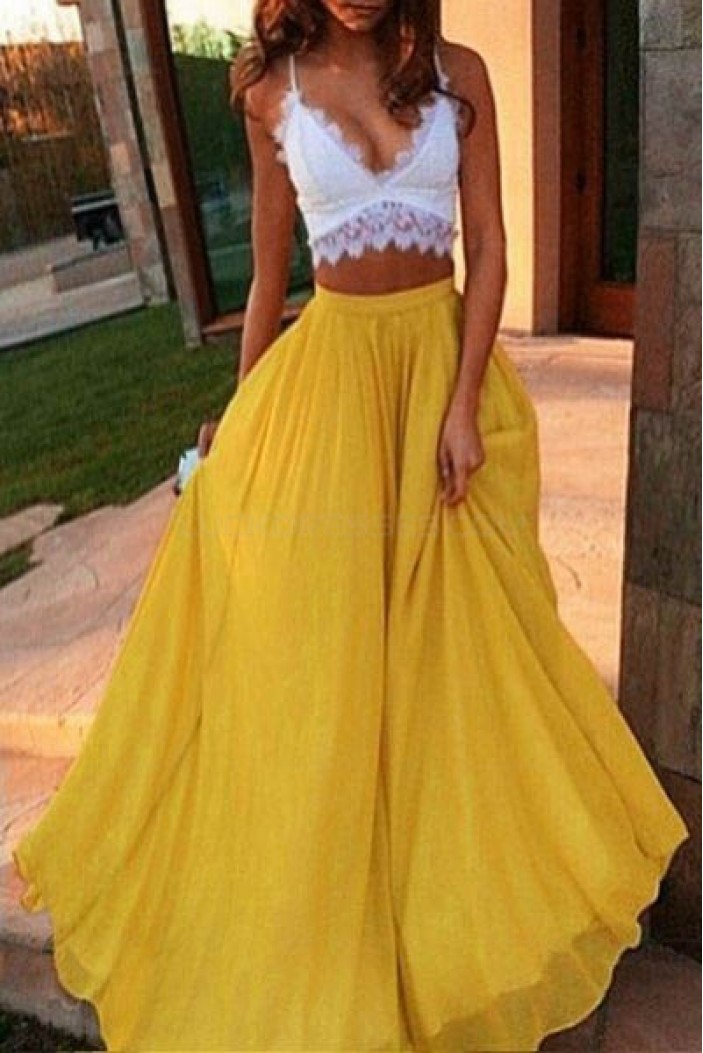 Sexy Two Pieces White Yellow Lace Chiffon Prom Evening Dresses 3020596