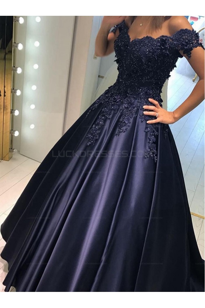 Elegant Long Blue Off-the-Shoulder Beaded Lace Prom Evening Dresses 3020600