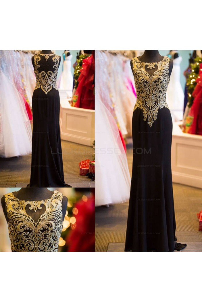 Long Black Beaded Prom Evening Formal Dresses with Gold Lace Appliques 3020607