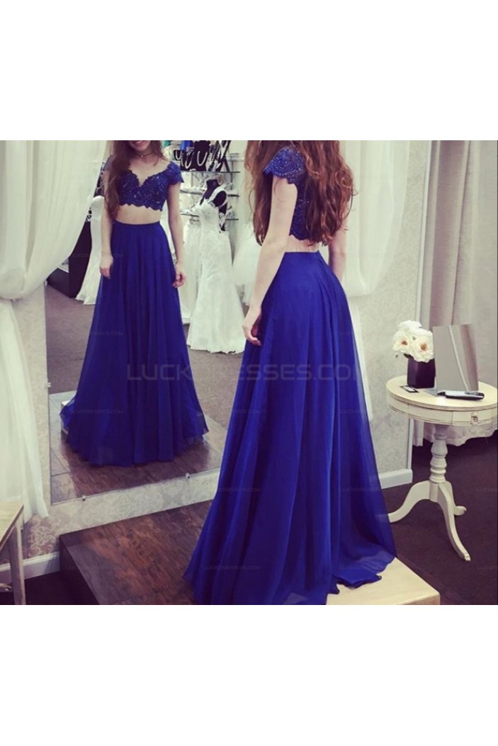 Long Blue Two Pieces Lace Chiffon Prom Evening Party Dresses 3020635