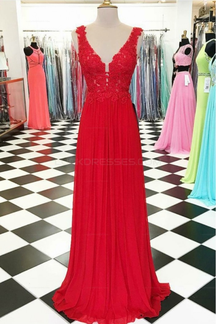 Long Red V-Neck Chiffon Lace Appliques Prom Evening Party Dresses 3020642